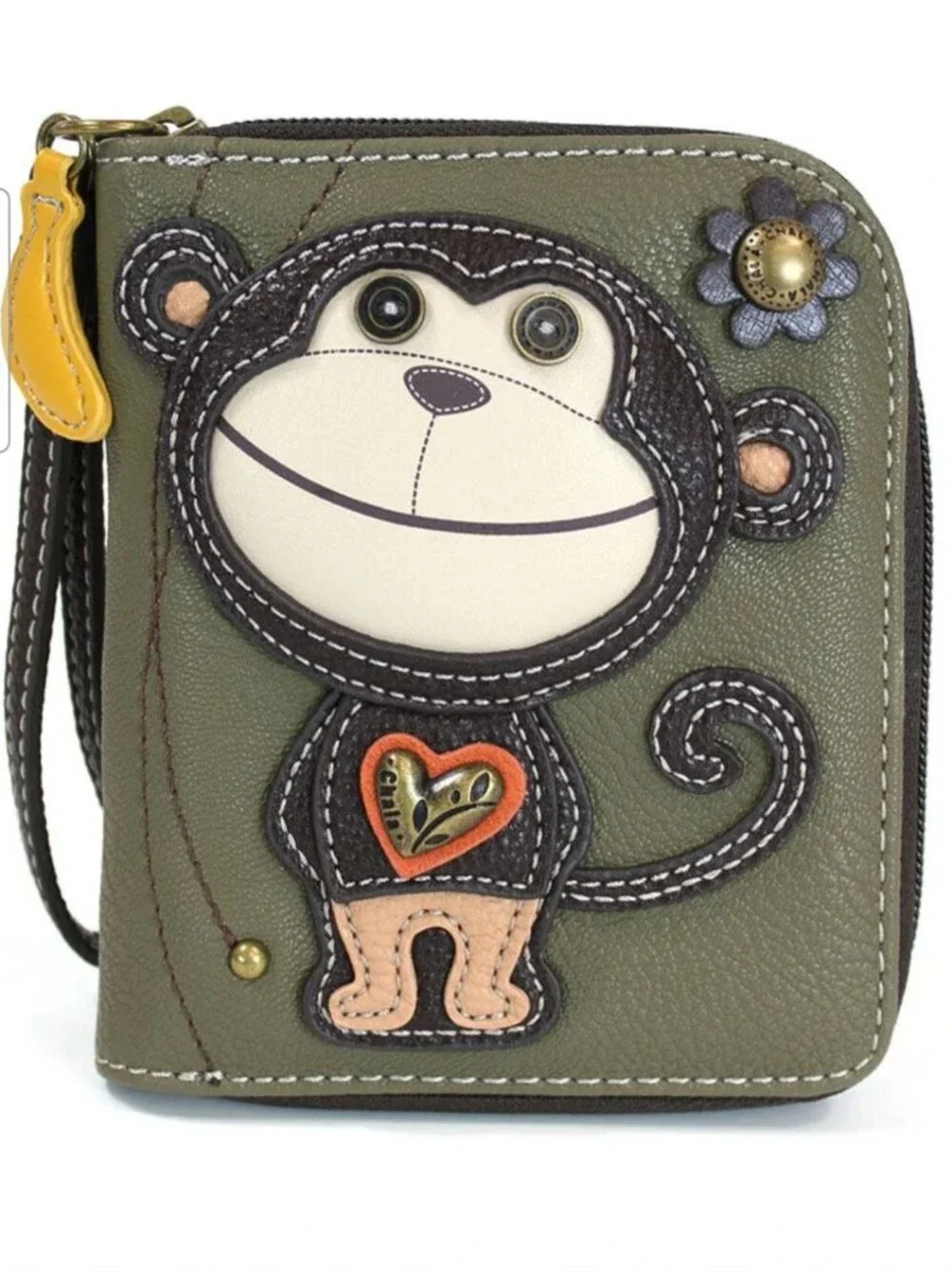 CHALA Monkey Wallet Vegan Leather, Zip Around. Olive